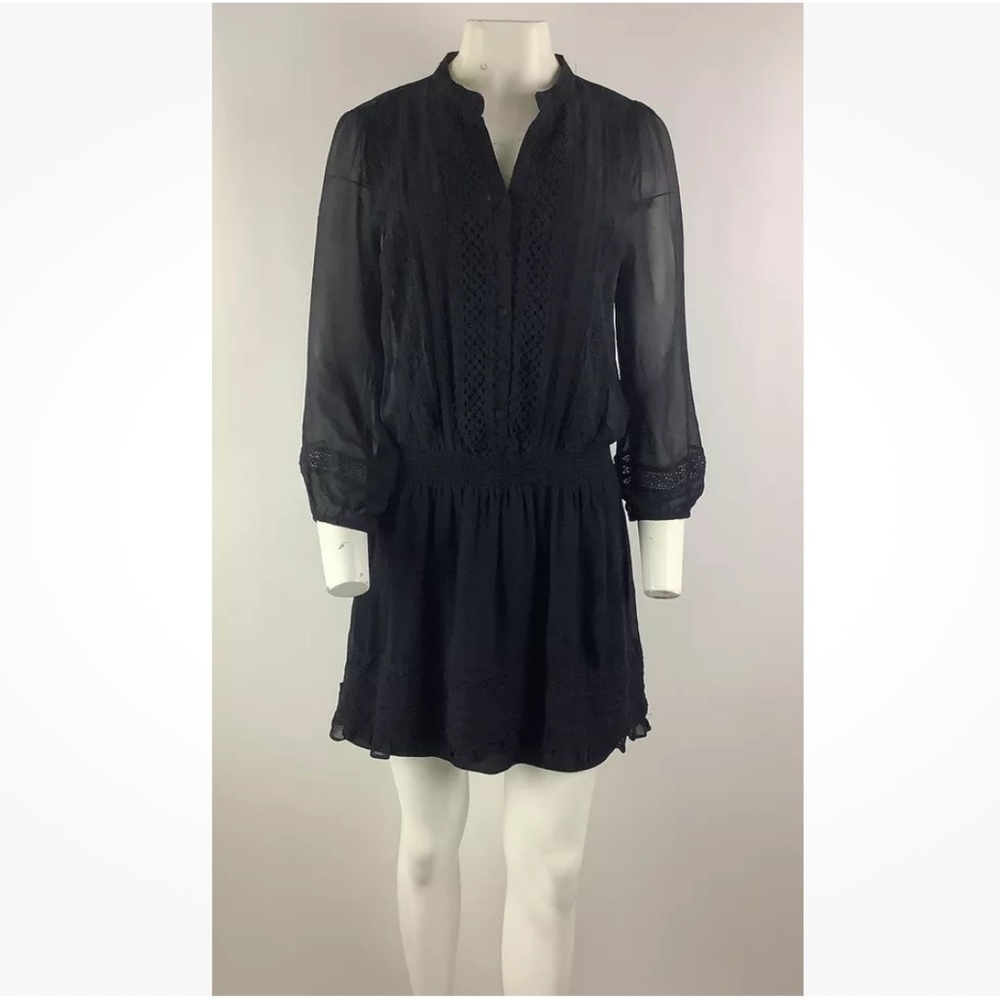Joie Sz S 100% Silk Pima Peasant Dress Black Sheer Lace Detail Cocktail